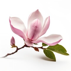 A pink flower on a twig on a white background.