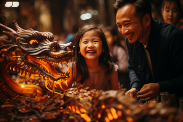 Chinese Family Celebrating the Chinese Lunar New Year 2024, Year of the Wooden Dragon with Cultural Heritage