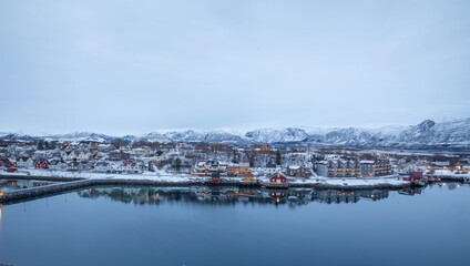 The blue hour in Brønnøysund town, in Nordland county