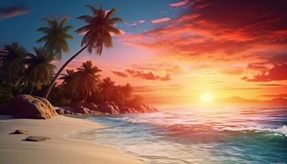 Fototapeta na wymiar Beautiful sunset tropical beach with palm tree and orange sky. palm tree sea sand beach.