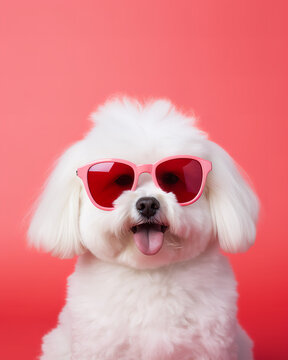 A close up, photo of a Portrait of a white fluffy dog with red heart shaped glasses with a Clean background