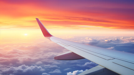 Detail of jetplane wing flying above clouds in sunset. Beautiful sunset scenery