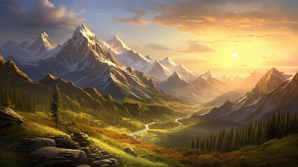 Majestic mountains surrounding a tranquil valley, bathed in the golden light of sunrise during the...
