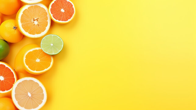 Citruses fruits on Illuminating pantone colored background with copyspace, fruit flatlay, summer minimal compositon with grapefruit, lemon, mandarin and orange isolated background