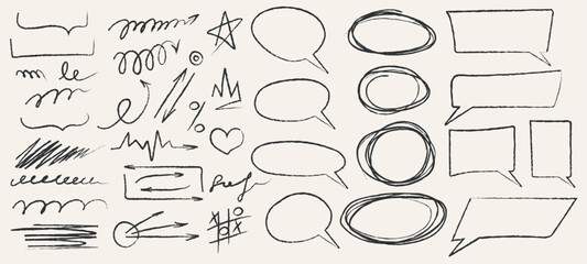 Grunge doodles, speech bubbles, hand drawn arrows. Modern vector illustration for your designs
