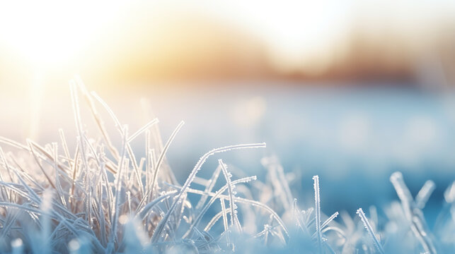 Frosty winter morning macro. Cold weather background concept. Frozen grass on the fields with copy space