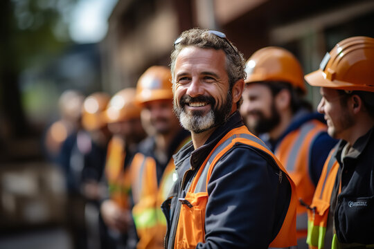 Happy Smiling Construction Workers Wearing Working Clothes And Protective Helmet