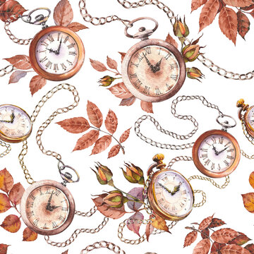 Seamless pattern with vintage pocket watches and autumn leaves. Hand painted watercolor illustration.