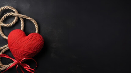 Red heart with a bundle rope on a black background. isolated background
