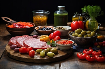 Sausages, tuna and sausages with tomatoes, olives and other ingredients on wooden table
