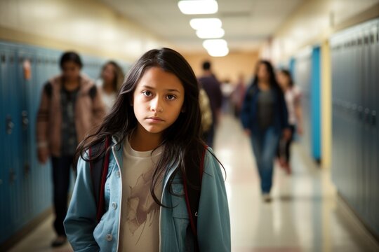 Young teen girl sad lonely face at a school