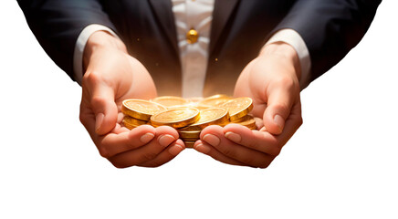 Mãos de um executivo segurando moedas douradas de dinheiro, isolado, em fundo transparente.