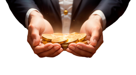 Mãos de um executivo segurando moedas douradas de dinheiro, isolado, em fundo transparente.