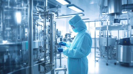 Biotechnology facility, pharma industry. Clean production room, worker or operator in protective clothes. - obrazy, fototapety, plakaty
