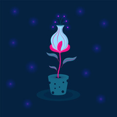 Fantastic alien magic flower. Fantasy botanical illustration. Cartoon magic flower in a pot. 
