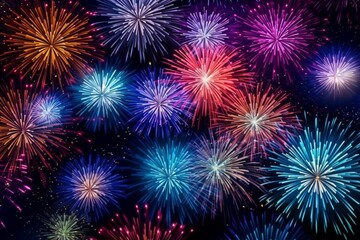 Fototapeta na wymiar Colorful fireworks of various colors over night sky background. Celebration concept