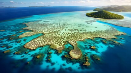 Fototapeta na wymiar Aerial view of tropical island with coral reef, Seychelles