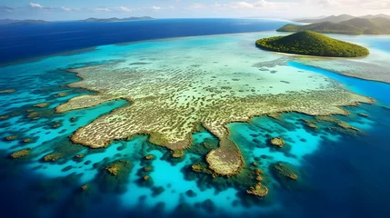 Tuinposter Aerial view of tropical island with coral reef, Seychelles © Iman