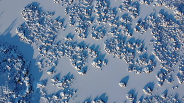 deep frozen marsh on norwegian mountain in wintertime with cold sunshine, aerial footage