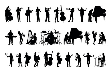 Group of musicians playing different musical instruments vector set silhouettes collection.
