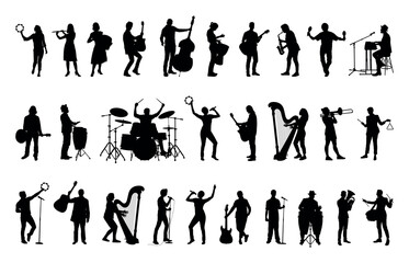Group of musicians playing different musical instruments black silhouettes set collection. 