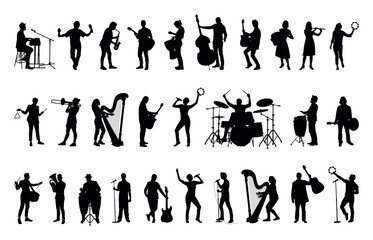 Large group band musicians playing different musical instruments vector silhouette set collection. - obrazy, fototapety, plakaty