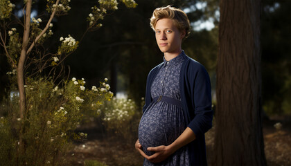 Beauty portrait of a pregnant man. Concept for trans gender gay men of different races Pregnant transgender queer man, - obrazy, fototapety, plakaty