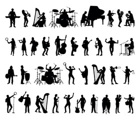People musicians playing different musical instruments black silhouettes set collection.