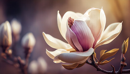 Beautiful blooming magnolia flower on branch, spring fresh air morning after rain. Natural sunlight bokeh. Generative AI