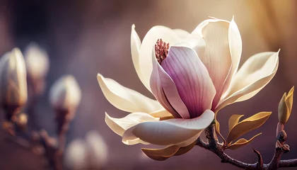 Foto op Plexiglas Beautiful blooming magnolia flower on branch, spring fresh air morning after rain. Natural sunlight bokeh. Generative AI © Anna