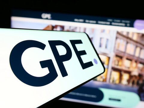 Stuttgart, Germany - 12-12-2023: Smartphone with logo of British property company Great Portland Estates plc (GPE) in front of website. Focus on center-left of phone display.