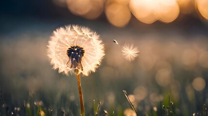 A dandelion seed floating on the wind, defying gravity and distance  - obrazy, fototapety, plakaty
