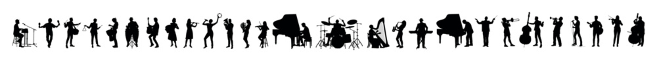 Large group silhouettes set of musicians playing various instruments vector collection. Musicians performing with various musical instruments silhouettes. - obrazy, fototapety, plakaty