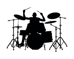 Man playing drum vector black silhouette.  Dummer portrait silhouette. 
