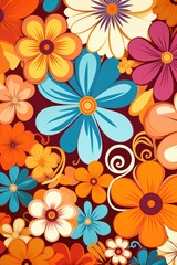 Obraz premium Flowers beautiful Background. 70s retro floral poster, creative, artistic flowers, vibrant colorful