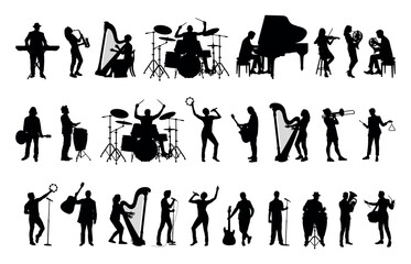Group musicians playing various musical instrument silhouette set collection.