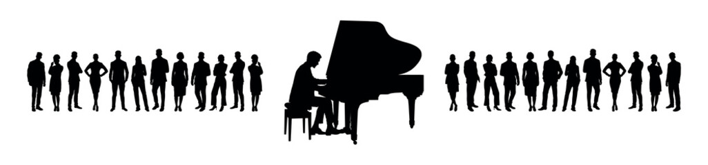 Man playing grand piano in front of large group of people as audience silhouette.