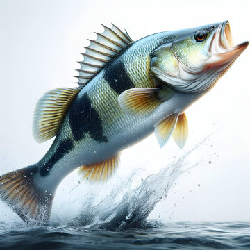 Fish jumping out of water, Fische springen, Рыба прыгает, pez saltando, high quality portrait, isolated white background.