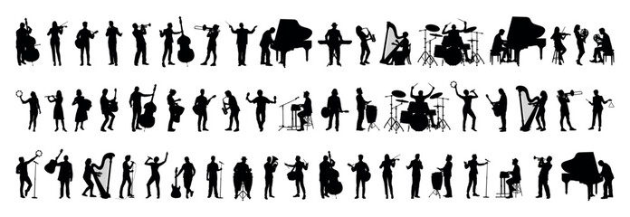 Large group silhouettes set of musicians playing various musical instruments vector collection. - obrazy, fototapety, plakaty