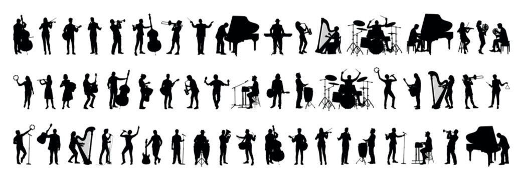 Large group silhouettes set of musicians playing various musical instruments vector collection.