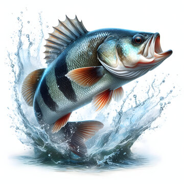 Fish jumping out of water, Fische springen, Рыба прыгает, pez saltando, high quality portrait, isolated white background.
