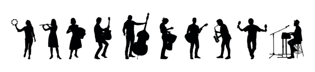 Group of musicians playing different musical instruments set vector silhouettes. Band musicians jamming together vector silhouette collection. - obrazy, fototapety, plakaty