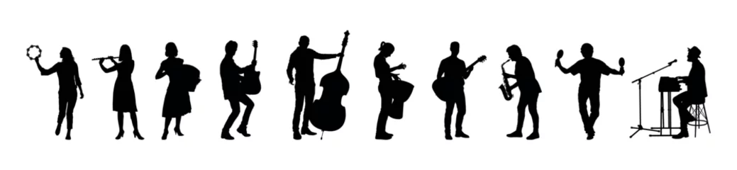 Fotobehang Group of musicians playing different musical instruments set vector silhouettes. Band musicians jamming together vector silhouette collection. © Andreas
