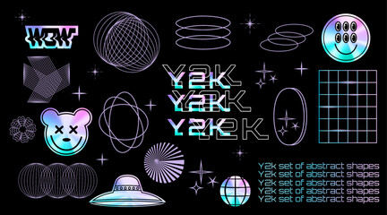 A set of holographic stickers and 3D wireframe shapes. Gradient. Retro y2k stickers. Rave posters and elements and symbols. Social network. Background