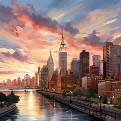 New York City Manhattan skyline panorama over East River at sunset.