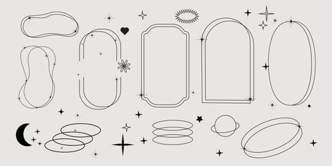 Modern abstract shapes and figures in boho style. Brutalism. Vector. Isolated. Y2k elements. Decorative set with frames and stars. Background. Editable line. Trendy one line style. Moon and sun