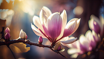 Beautiful blooming magnolia flower on branch, spring fresh air morning after rain. Natural sunlight bokeh. Generative AI - obrazy, fototapety, plakaty