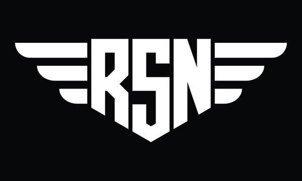 RSN three letter logo, creative wings shape logo design vector template. letter mark, wordmark, monogram symbol on black & white.	