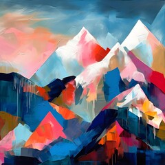 Digital painting of mountains, blue and red colors. Abstract painting.