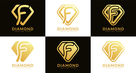 Set of diamond logos with initial letter F. These logos combine letters and rounded diamond shapes using gold gradation colors. Suitable for diamond shops, e-commerce